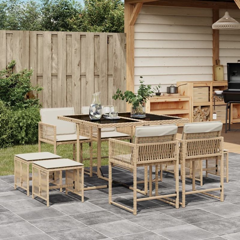 Casa si Gradina - Gradina si terasa - Mobilier exterior - Seturi mobila gradina - Set de masa pentru gradina, 9 piese, cu perne, bej, poliratan - Infinity.ro