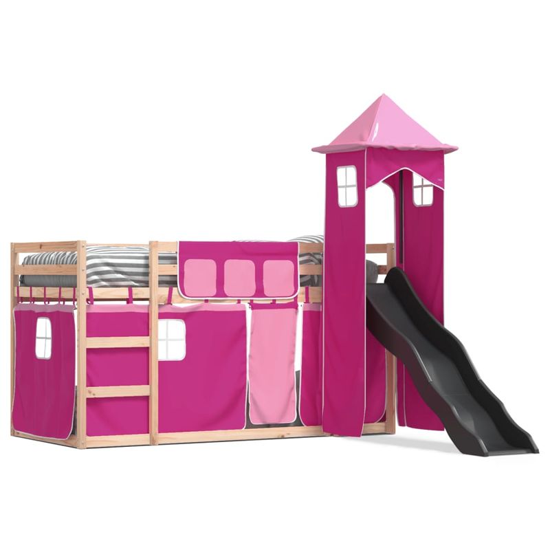Casa si Gradina - Mobilier - Paturi si accesorii - Paturi - Pat supraetajat cu tobogan si perdele, roz, 90x190 cm - Infinity.ro