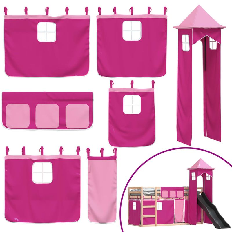 Casa si Gradina - Mobilier - Paturi si accesorii - Paturi - Pat supraetajat cu tobogan si perdele, roz, 90x190 cm - Infinity.ro