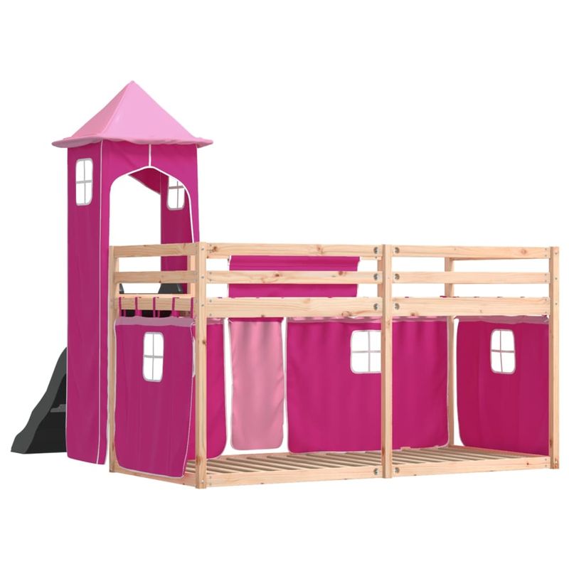 Casa si Gradina - Mobilier - Paturi si accesorii - Paturi - Pat supraetajat cu tobogan si perdele, roz, 90x190 cm - Infinity.ro