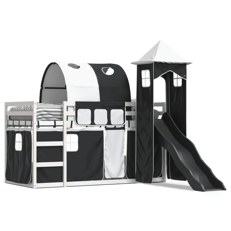 Casa si Gradina - Mobilier - Paturi si accesorii - Paturi - Pat supraetajat cu tobogan si perdele, alb si negru, 90x200 cm - Infinity.ro