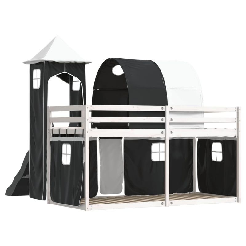 Casa si Gradina - Mobilier - Paturi si accesorii - Paturi - Pat supraetajat cu tobogan si perdele, alb si negru, 90x200 cm - Infinity.ro