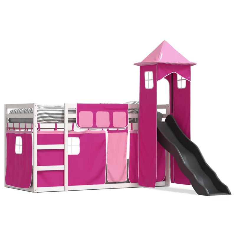 Casa si Gradina - Mobilier - Paturi si accesorii - Paturi - Pat supraetajat cu tobogan si perdele, roz, 90x200 cm - Infinity.ro