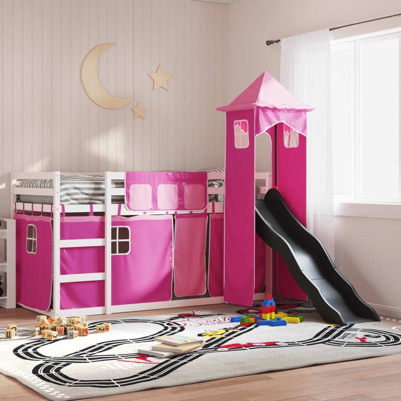 Casa si Gradina - Mobilier - Paturi si accesorii - Paturi - Pat supraetajat cu tobogan si perdele, roz, 90x200 cm - Infinity.ro