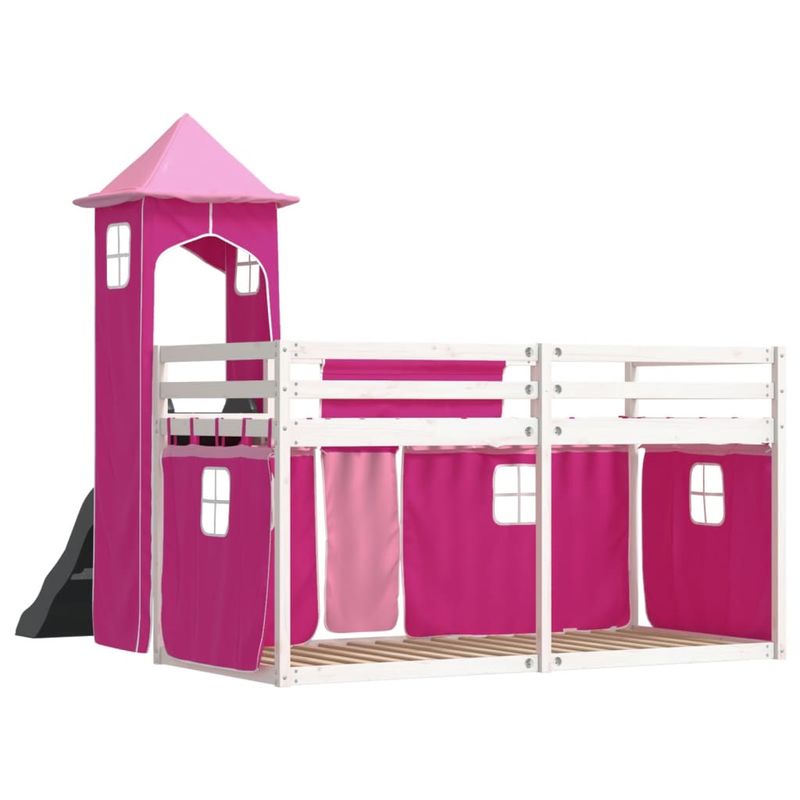 Casa si Gradina - Mobilier - Paturi si accesorii - Paturi - Pat supraetajat cu tobogan si perdele, roz, 90x200 cm - Infinity.ro