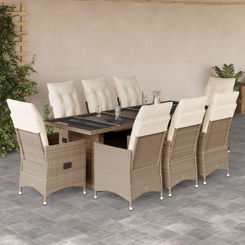 Casa si Gradina - Gradina si terasa - Mobilier exterior - Seturi mobila gradina - Set bistro de gradina, 9 piese, cu perne, bej, poliratan - Infinity.ro