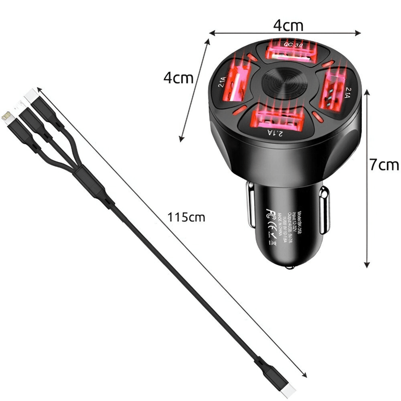 Laptop, Telefoane si Tablete - Telefoane mobile si accesorii - Accesorii Telefoane - Incarcatoare telefoane - Incarcator Auto Bricheta, 4 Porturi USB, 2.1A, QC3.0, Indicator LED, 12-32 V cu Cablu de Date 3 in 1 - Infinity.ro