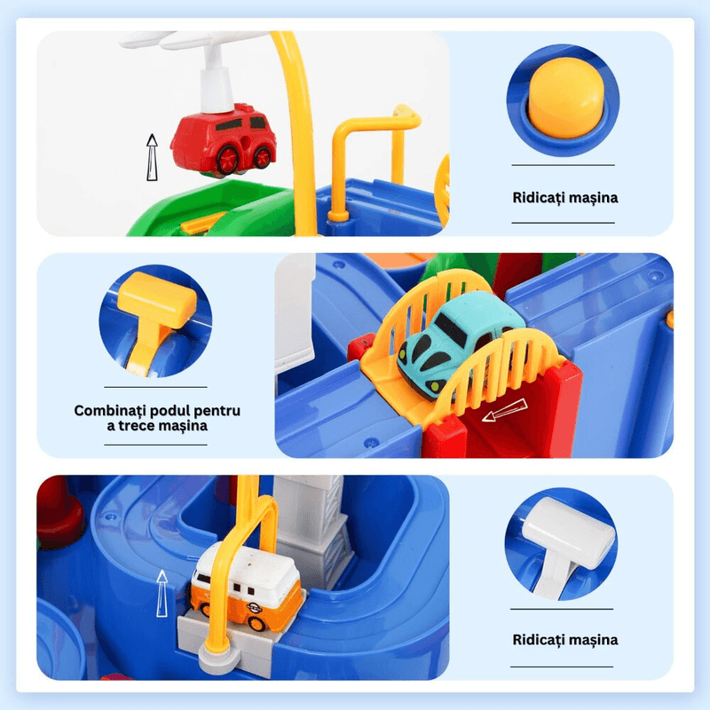 Jucarii, Copii si Bebe - Jucarii si jocuri - Vehicule si jucarii cu telecomanda - Masinute - Pista de Masini, Traseu cu Obstacole, Elemente Mobile, Butoane Control, 4 Masinute, de Politie, Pompieri, Curse - Infinity.ro