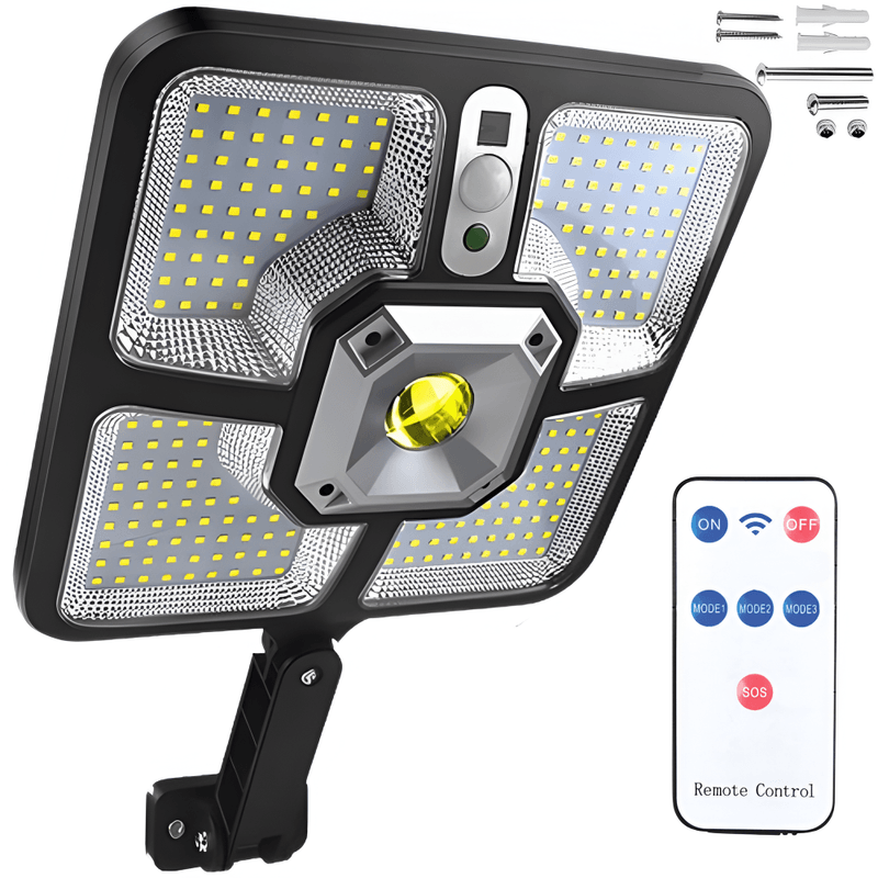 Casa si Gradina - Corpuri si surse de iluminat - Iluminat exterior - Lampi solare - Lampa Solara, cu Panou Solar Incorporat, 220 LED SMD, Telecomanda, cu Senzori de Amurg, Miscare si Lumina - Infinity.ro