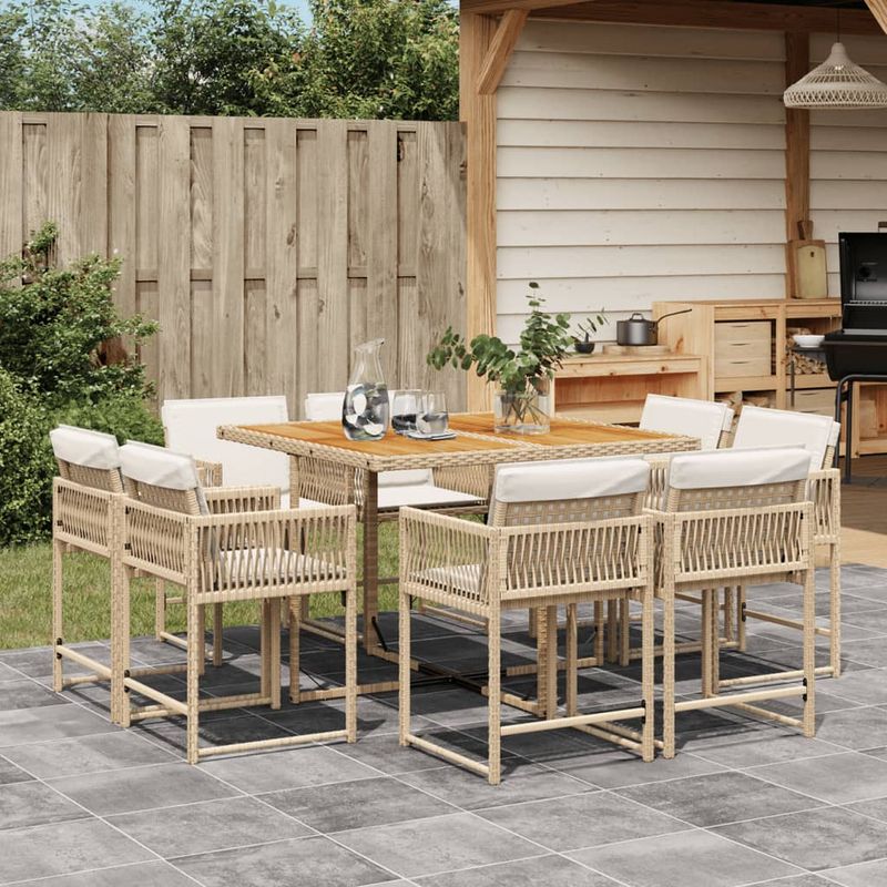 Casa si Gradina - Gradina si terasa - Mobilier exterior - Seturi mobila gradina - Set de masa pentru gradina, 9 piese, cu perne, bej, poliratan - Infinity.ro