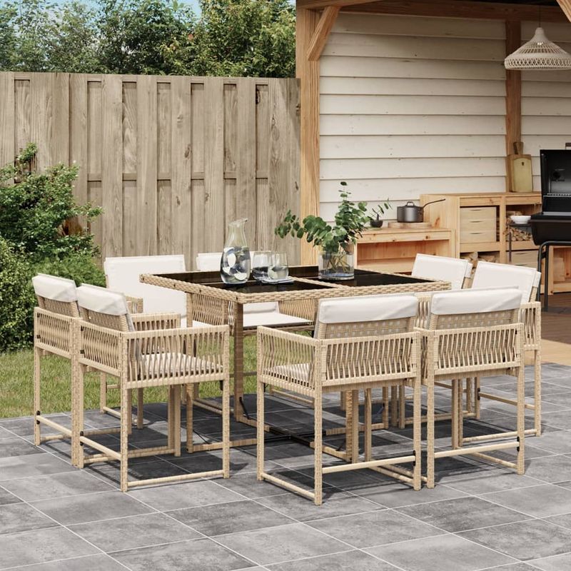 Casa si Gradina - Gradina si terasa - Mobilier exterior - Seturi mobila gradina - Set de masa pentru gradina, 9 piese, cu perne, bej, poliratan - Infinity.ro