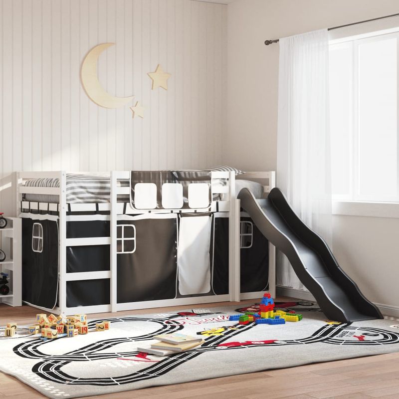 Casa si Gradina - Mobilier - Paturi si accesorii - Paturi - Pat supraetajat cu tobogan si perdele, alb si negru, 90x190 cm - Infinity.ro