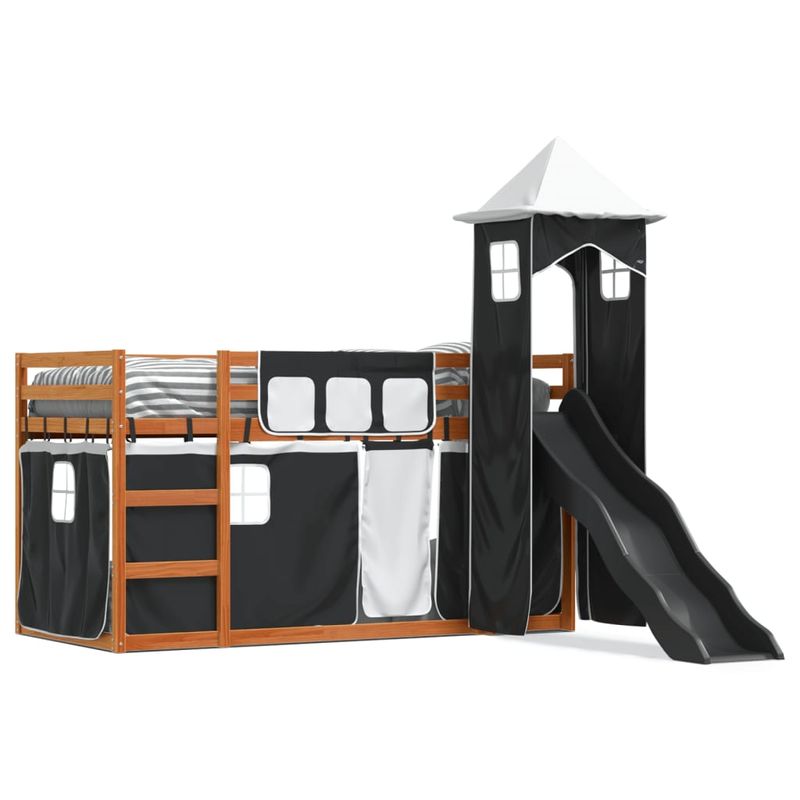 Casa si Gradina - Mobilier - Paturi si accesorii - Paturi - Pat supraetajat cu tobogan si perdele, alb si negru, 90x190 cm - Infinity.ro