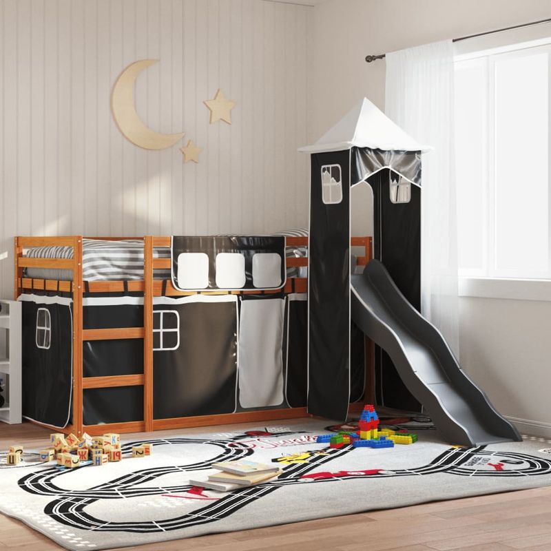 Casa si Gradina - Mobilier - Paturi si accesorii - Paturi - Pat supraetajat cu tobogan si perdele, alb si negru, 90x190 cm - Infinity.ro