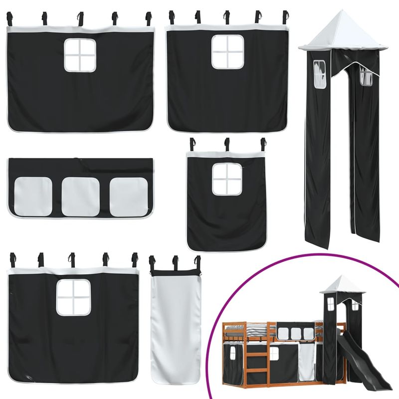 Casa si Gradina - Mobilier - Paturi si accesorii - Paturi - Pat supraetajat cu tobogan si perdele, alb si negru, 90x190 cm - Infinity.ro