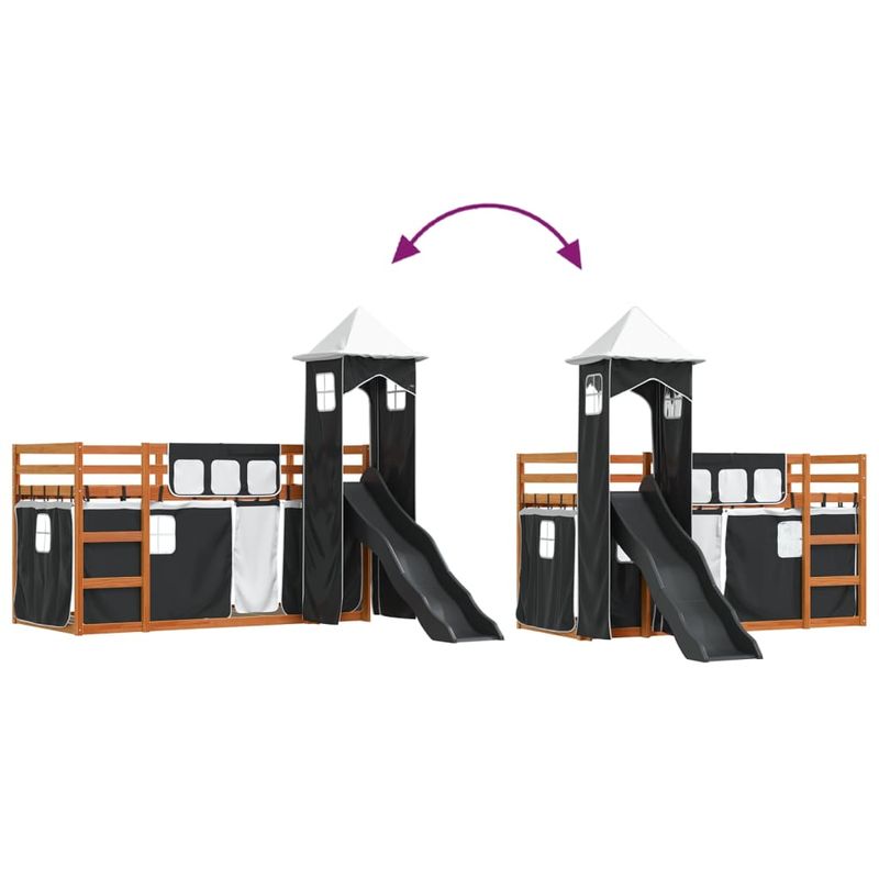Casa si Gradina - Mobilier - Paturi si accesorii - Paturi - Pat supraetajat cu tobogan si perdele, alb si negru, 90x190 cm - Infinity.ro