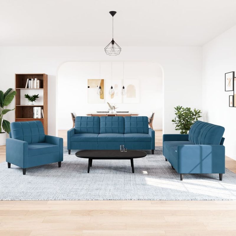Casa si Gradina - Mobilier - Seturi de mobilier - Seturi living - Set de canapele cu perne, 3 piese, albastru, catifea - Infinity.ro