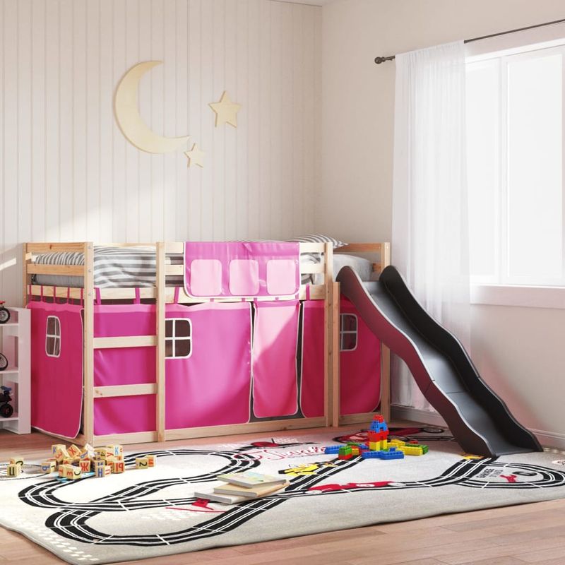 Casa si Gradina - Mobilier - Paturi si accesorii - Paturi - Pat supraetajat cu tobogan si perdele, roz, 90x190 cm - Infinity.ro