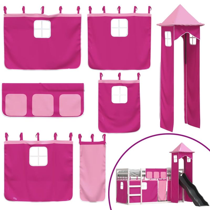 Casa si Gradina - Mobilier - Paturi si accesorii - Paturi - Pat supraetajat cu tobogan si perdele, roz, 90x190 cm - Infinity.ro