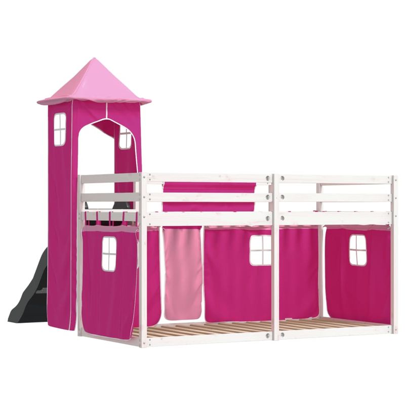 Casa si Gradina - Mobilier - Paturi si accesorii - Paturi - Pat supraetajat cu tobogan si perdele, roz, 90x190 cm - Infinity.ro