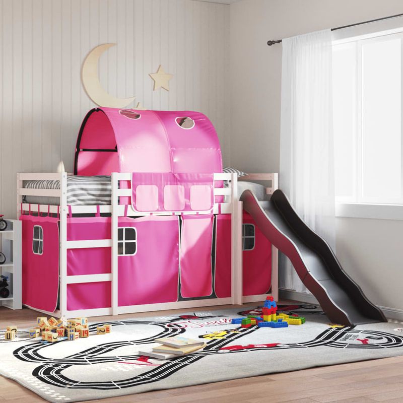 Casa si Gradina - Mobilier - Paturi si accesorii - Paturi - Pat supraetajat cu tobogan si perdele, roz, 90x190 cm - Infinity.ro