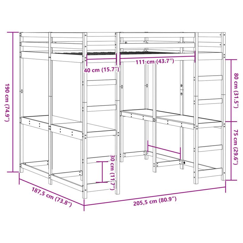 Casa si Gradina - Mobilier - Paturi si accesorii - Paturi - Cadru pat supraetajat cu birou/scara, 180x200 cm, lemn pin - Infinity.ro