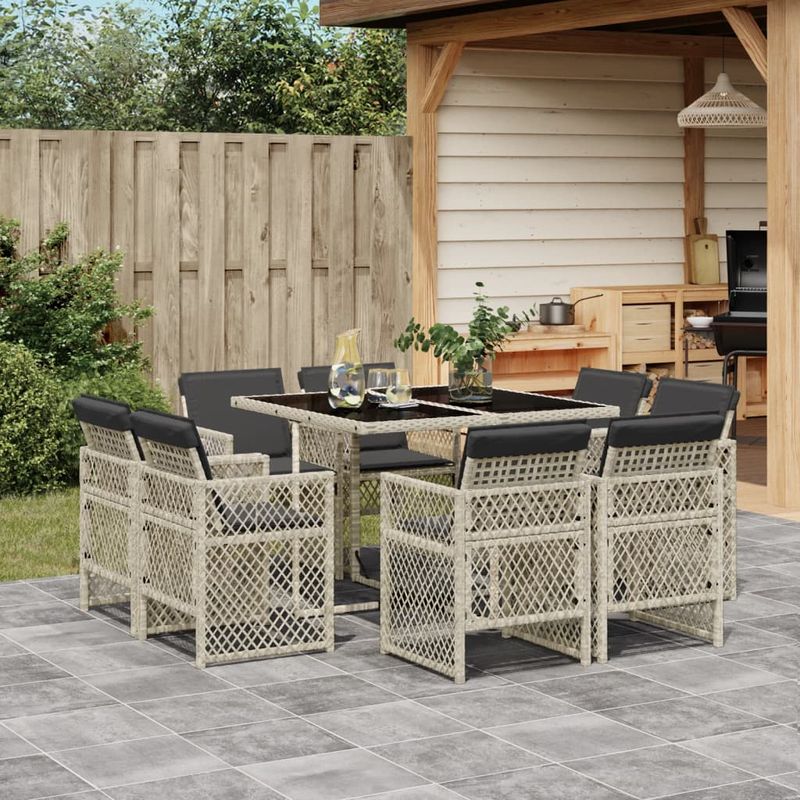 Casa si Gradina - Gradina si terasa - Mobilier exterior - Seturi mobila gradina - Set mobilier gradina cu perne, 9 piese, gri deschis, poliratan - Infinity.ro