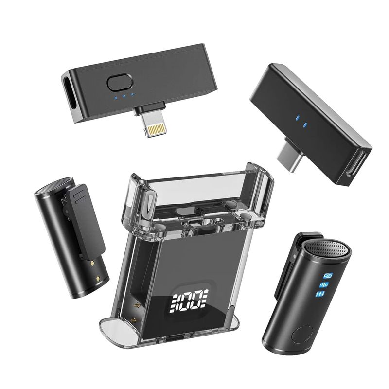 TV, Audio-Video si Foto - Audio profesionale - Microfoane profesionale - Set 2 microfoane lavaliera profesionale CRISTALIS SALE™,  cu accesorii full, cu magnet, mufe type c si lightning - Infinity.ro