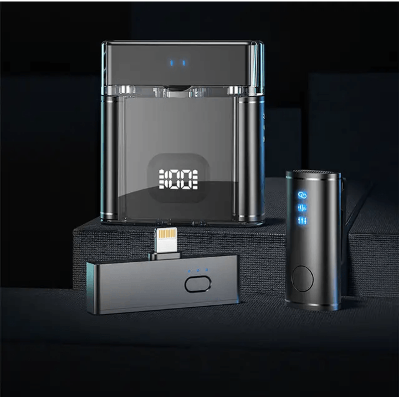 TV, Audio-Video si Foto - Audio profesionale - Microfoane profesionale - Set 2 microfoane lavaliera profesionale CRISTALIS SALE™,  cu accesorii full, cu magnet, mufe type c si lightning - Infinity.ro