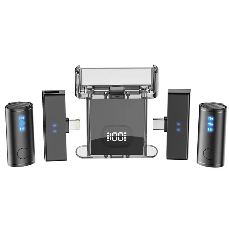 TV, Audio-Video si Foto - Audio profesionale - Microfoane profesionale - Set 2 microfoane lavaliera profesionale CRISTALIS SALE™,  cu accesorii full, cu magnet, mufe type c si lightning - Infinity.ro
