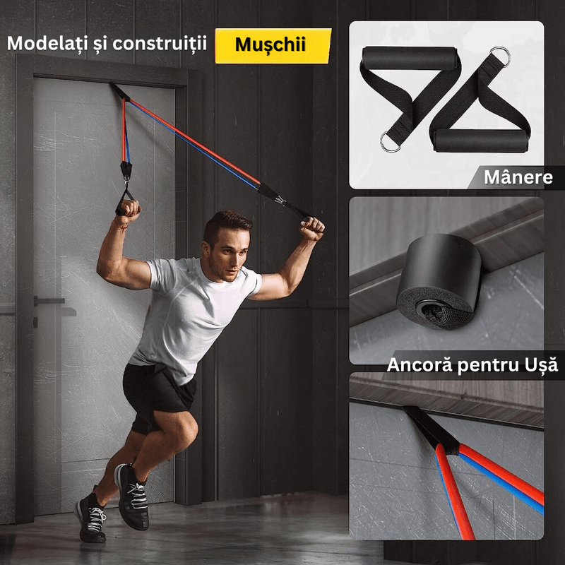 Sport si Outdoor - Fitness - Accesorii fitness - Benzi elastice fitness - Set de Benzi 11 Piese pentru Antrenament Acasa - 5 Corzi Elastice Extensibile din Latex + 6 Accesorii, Multicolor - Infinity.ro