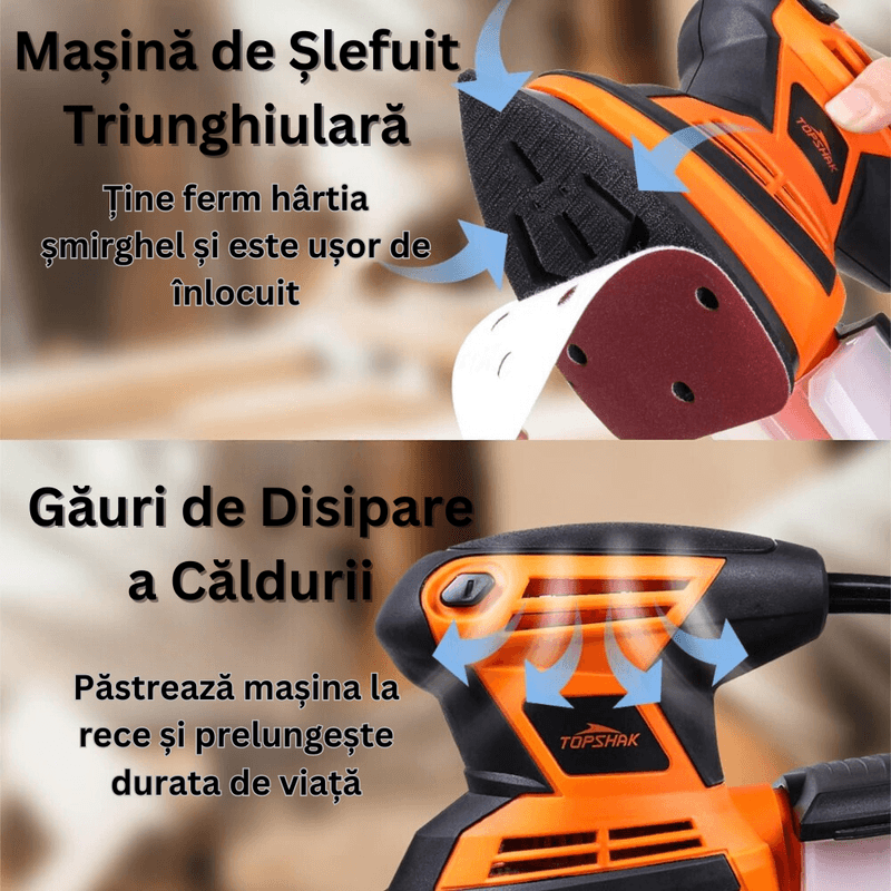 Casa si Gradina - Constructii - Scule electrice si accesorii - Slefuitoare - Masina de Slefuit Triunghiulara, 12 Bucati de Smirghel, 13.500 rpm, 130W, Sistem de Racire si Fixare - Infinity.ro