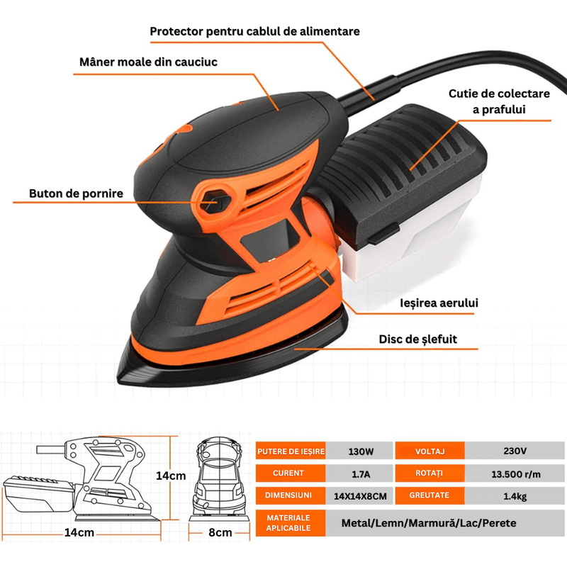 Casa si Gradina - Constructii - Scule electrice si accesorii - Slefuitoare - Masina de Slefuit Triunghiulara, 12 Bucati de Smirghel, 13.500 rpm, 130W, Sistem de Racire si Fixare - Infinity.ro