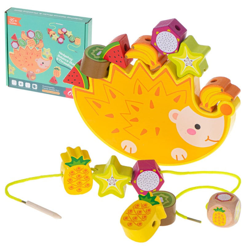 Jucarii, Copii si Bebe - Jucarii si jocuri - Jucarii & jocuri educative - Jocuri si jucarii educative - Joc Educativ de Echilibru Arici cu Fructe Colorate, Stivuit, Lemn Montessori, 12 Piese, Zar si Snur, + 3 ani - Infinity.ro