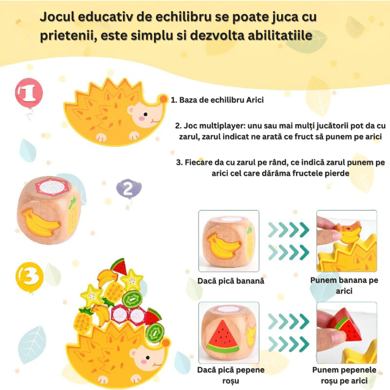 Jucarii, Copii si Bebe - Jucarii si jocuri - Jucarii & jocuri educative - Jocuri si jucarii educative - Joc Educativ de Echilibru Arici cu Fructe Colorate, Stivuit, Lemn Montessori, 12 Piese, Zar si Snur, + 3 ani - Infinity.ro