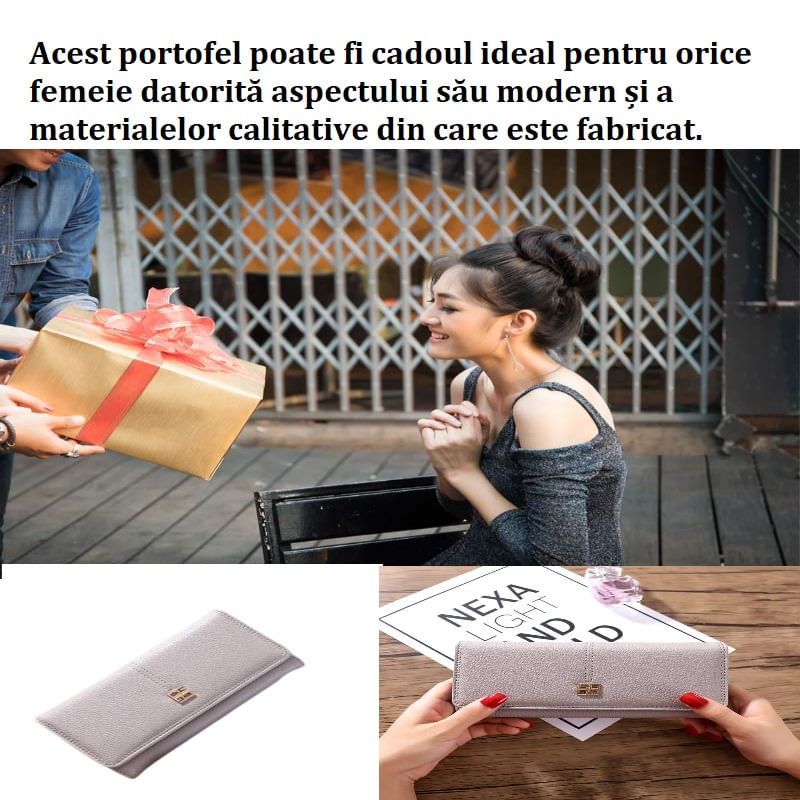 Fashion, accesorii si bijuterii - Femei - Accesorii femei - Portofele femei - Portofel dama piele, BLEKSY, aspect elegant, inchidere magnetica, spatii pentru bancnote, documente si carduri, gri - Infinity.ro