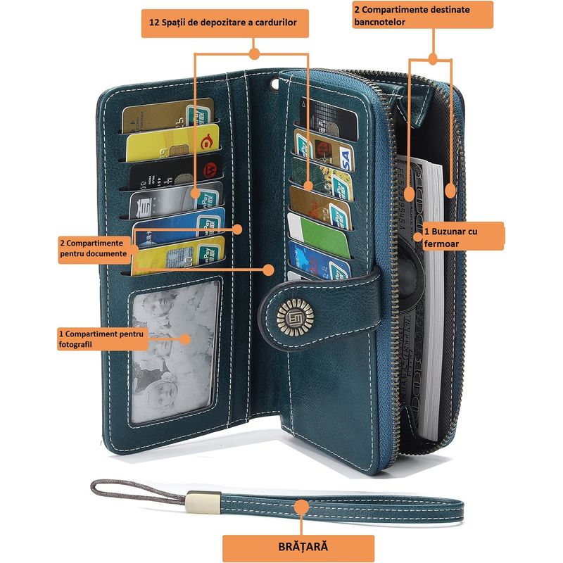 Fashion, accesorii si bijuterii - Femei - Accesorii femei - Portofele femei - Portofel dama piele, BLEKSY, blocare RFID anti scanare carduri, fermoar si curea de mana, 19x11x3.5 cm, Albastru Paun - Infinity.ro