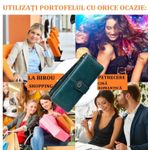 Fashion, accesorii si bijuterii - Femei - Accesorii femei - Portofele femei - Portofel dama piele, BLEKSY, blocare RFID anti scanare carduri, fermoar si curea de mana, 19x11x3.5 cm, Albastru Paun - Infinity.ro