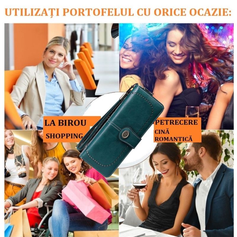 Fashion, accesorii si bijuterii - Femei - Accesorii femei - Portofele femei - Portofel dama piele, BLEKSY, blocare RFID anti scanare carduri, fermoar si curea de mana, 19x11x3.5 cm, Albastru Paun - Infinity.ro