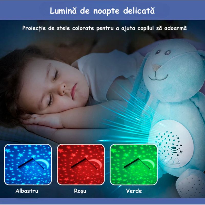 Jucarii, Copii si Bebe - Jucarii si jocuri - Jucarii bebelusi - Jucarii interactive bebelusi - Iepure de plus ambrasmart, cu Lumina de Noapte, cu Muzica si Sunete Albe, pentru Copii, multifunctional, Albastru - Infinity.ro