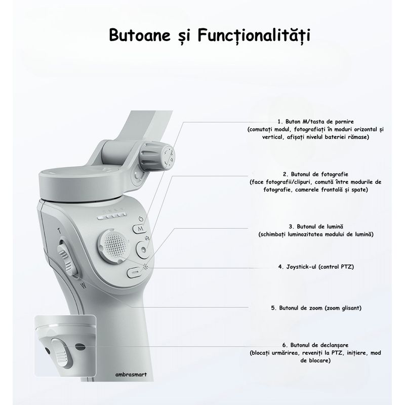 TV, Audio-Video si Foto - Aparate foto si accesorii - Accesorii foto si video - Stabilizatoare de imagine - Stabilizator Inteligent de Mana, Tehnologie AntiShake pe 3 Axe, Recunoasterea Fetei, Portabil si Pliabil, Android si iOS - Infinity.ro