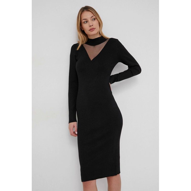 Fashion, accesorii si bijuterii - Femei - Imbracaminte femei - Rochii femei - Rochie midi tricotata Guess cu segment transparent Negru XS INTL - Infinity.ro