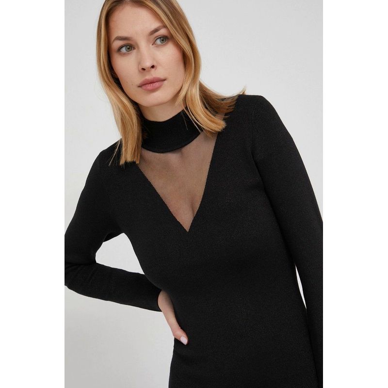 Fashion, accesorii si bijuterii - Femei - Imbracaminte femei - Rochii femei - Rochie midi tricotata Guess cu segment transparent Negru XS INTL - Infinity.ro