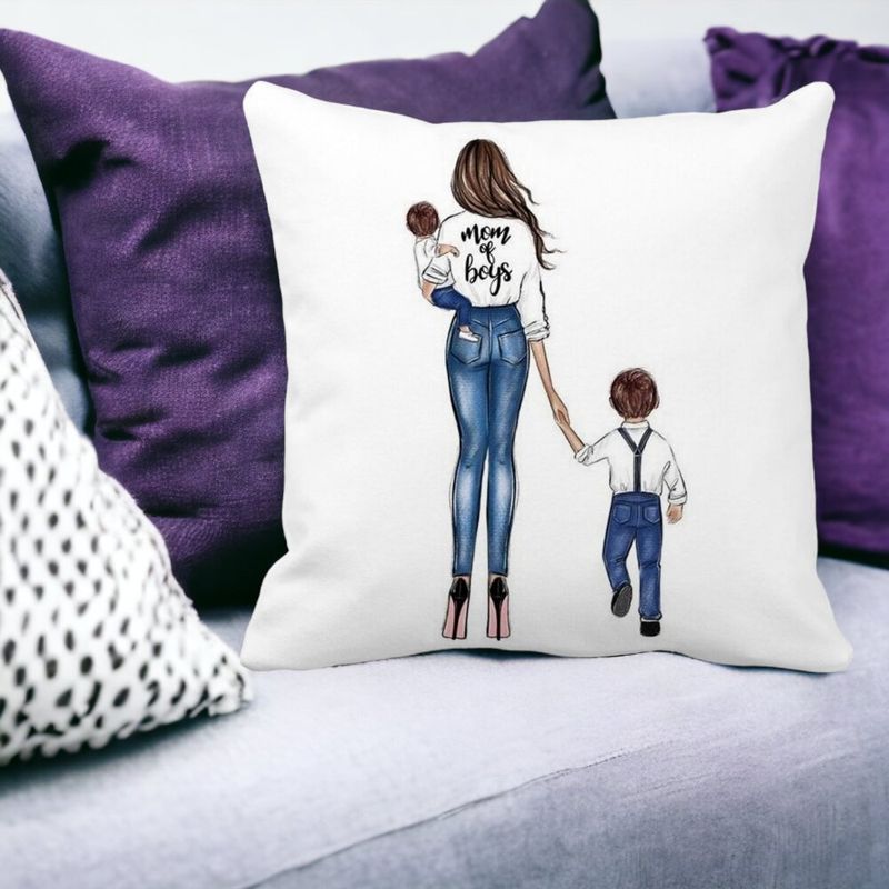 Casa si Gradina - Textile si covoare - Perne si pilote - Perne decorative - Perna Decorativa Patrata Mom of Boys, 40x40 cm, Alb mat, Husa Detasabila, Burduf - Infinity.ro
