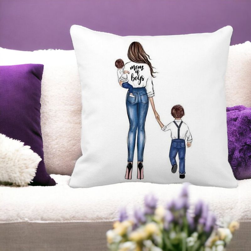Casa si Gradina - Textile si covoare - Perne si pilote - Perne decorative - Perna Decorativa Patrata Mom of Boys, 40x40 cm, Alb mat, Husa Detasabila, Burduf - Infinity.ro