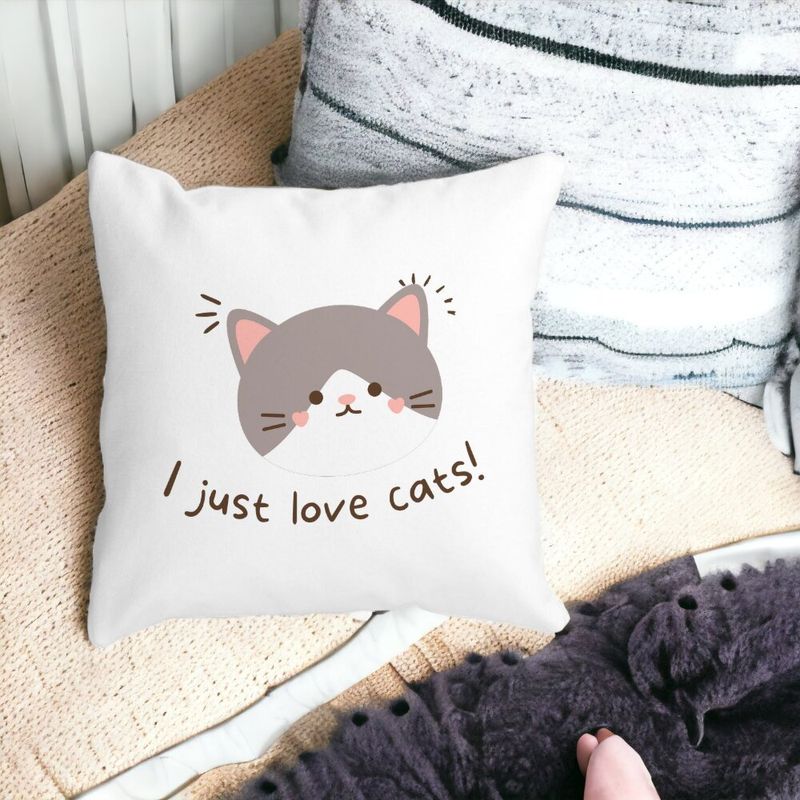 Casa si Gradina - Textile si covoare - Perne si pilote - Perne decorative - Perna Decorativa Patrata I Just Love Cats, 40x40 cm, Alb mat, Husa Detasabila, Burduf - Infinity.ro