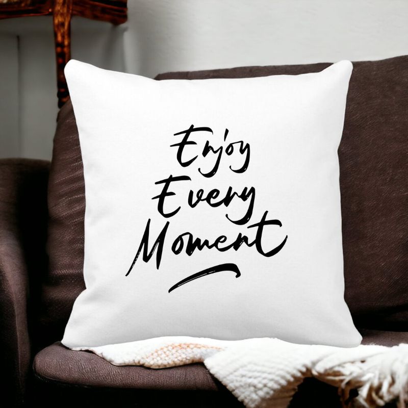 Casa si Gradina - Textile si covoare - Perne si pilote - Perne decorative - Perna Decorativa, Enjoy Every Moment, 40x40 cm, Alb mat, Husa Detasabila, Burduf - Infinity.ro