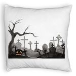Casa si Gradina - Textile si covoare - Perne si pilote - Perne decorative - Perna Decorativa Fluffy cu motiv Cimitir de Halloween, 40x40 cm, Alb, Husa Detasabila, Burduf - Infinity.ro