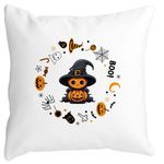 Casa si Gradina - Textile si covoare - Perne si pilote - Perne decorative - Perna Decorativa cu motiv de Halloween 7, 40x40 cm, Alb mat, Husa Detasabila, Burduf - Infinity.ro