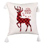 Casa si Gradina - Textile si covoare - Perne si pilote - Perne decorative - Perna Decorativa cu Franjuri de Craciun cu Ren si Text 2, 45x45 cm, Ecru, Cu fermoar - Infinity.ro